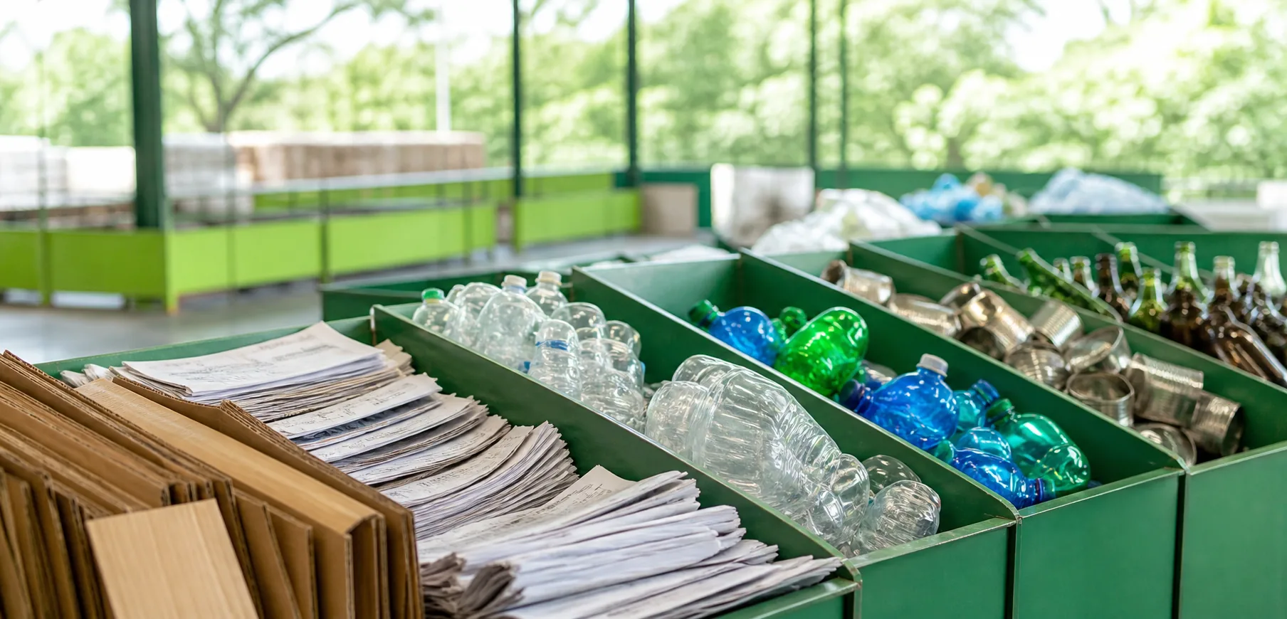 Separated paper, plastic, glass and metal recycling streams